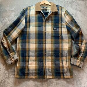 Vans Mens Plaid Flannel Chore Coat Blue Tan Corduroy Collar Jacket XL